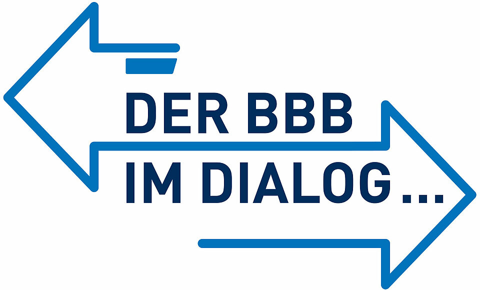 Pfeil nach links und nach rechts aus einer durchgehenden Linie, darin: Der BBB im Dialog