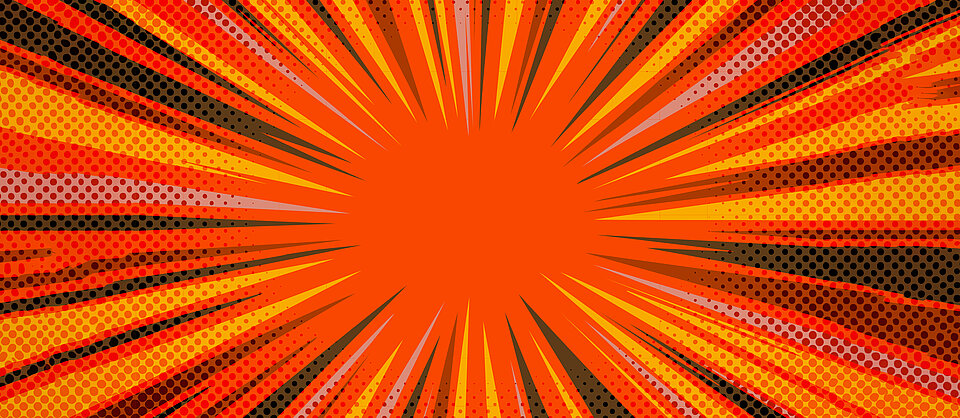 Eine Comic-artige Explosion aus Linien in Grau- und Gelbtönen, die aus einer orangefarbenen Mitte nach außen streben